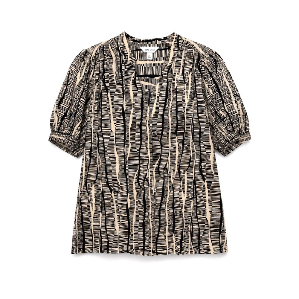 Nine West Boho Cotton Set sz L Belted Midi Skirt Puff Sleeve Top Neutral Resort - Picture 2 of 9
